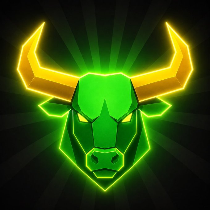 A glowing neon green and gold bull's head logo with sharp angular horns, matching the "$HORNS" crypto giveaway being promoted on Solana. The bull imagery aligns with the token's name, emphasizing strength and bullish market energy to attract followers to the airdrop.