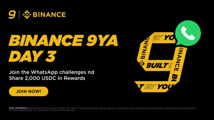 A promotional banner for "Binance 9YA Day 3" announcing a WhatsApp challenge where users can join to share 2,000 USDC in rewards, featuring Binance branding and a prominent phone icon alongside the number "9" on a black background, complementing the Day 3 challenge guide to trade $1,000 on Spot and submit proof via Discord.