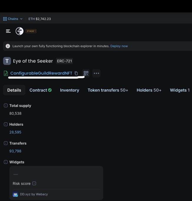 A blockchain explorer interface displaying details for an ERC-721 token called 'Eye of the Seeker' with a total supply of 80,538 and 28,595 holders.
