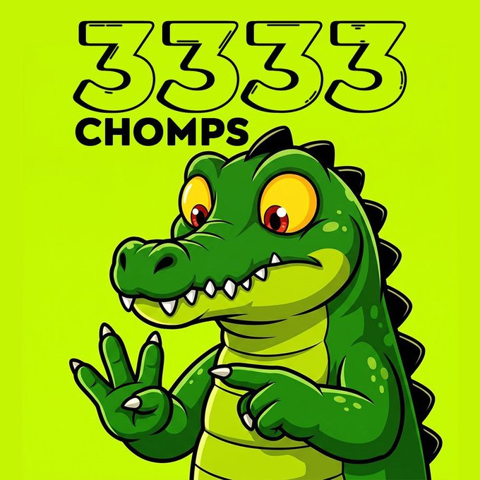 A cartoon green dinosaur mascot with spiky back plates making a peace sign against a bright green background, with '3333 CHOMPS' text above it.
