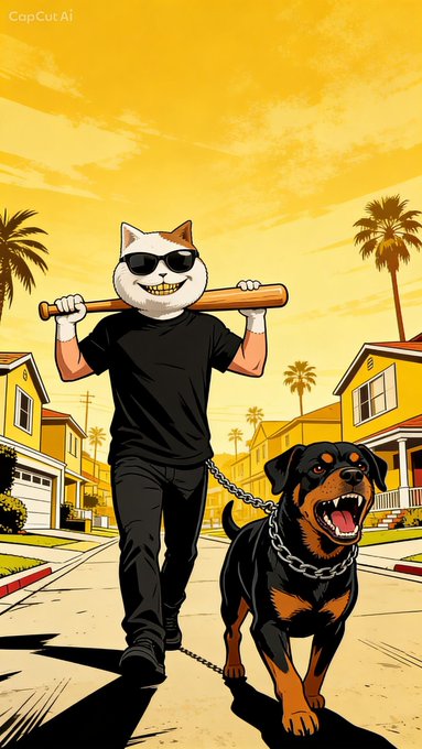 A stylized illustration of a person with a cat head wearing sunglasses and holding a baseball bat, walking a snarling Rottweiler on a chain down a suburban street.