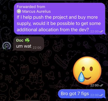 A Telegram chat screenshot shows "Marcus Aurelius" asking for additional token allocation in exchange for promotion, receiving only "um wat" from Doc, followed by the reaction "Bro got 7 figs" with a sweat-smile emoji—illustrating the post's warning about a wealthy influencer seeking free supply to dump on followers, while the author clarifies they entered the memecoin at a 524k market cap with their own fomo wallet.