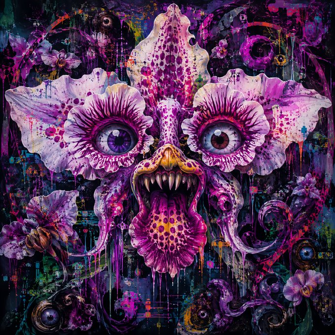 A vibrant, psychedelic digital painting of a monstrous creature with flower-like eyes, a gaping mouth filled with fangs, and dripping paint textures in purple, pink, and magenta hues.