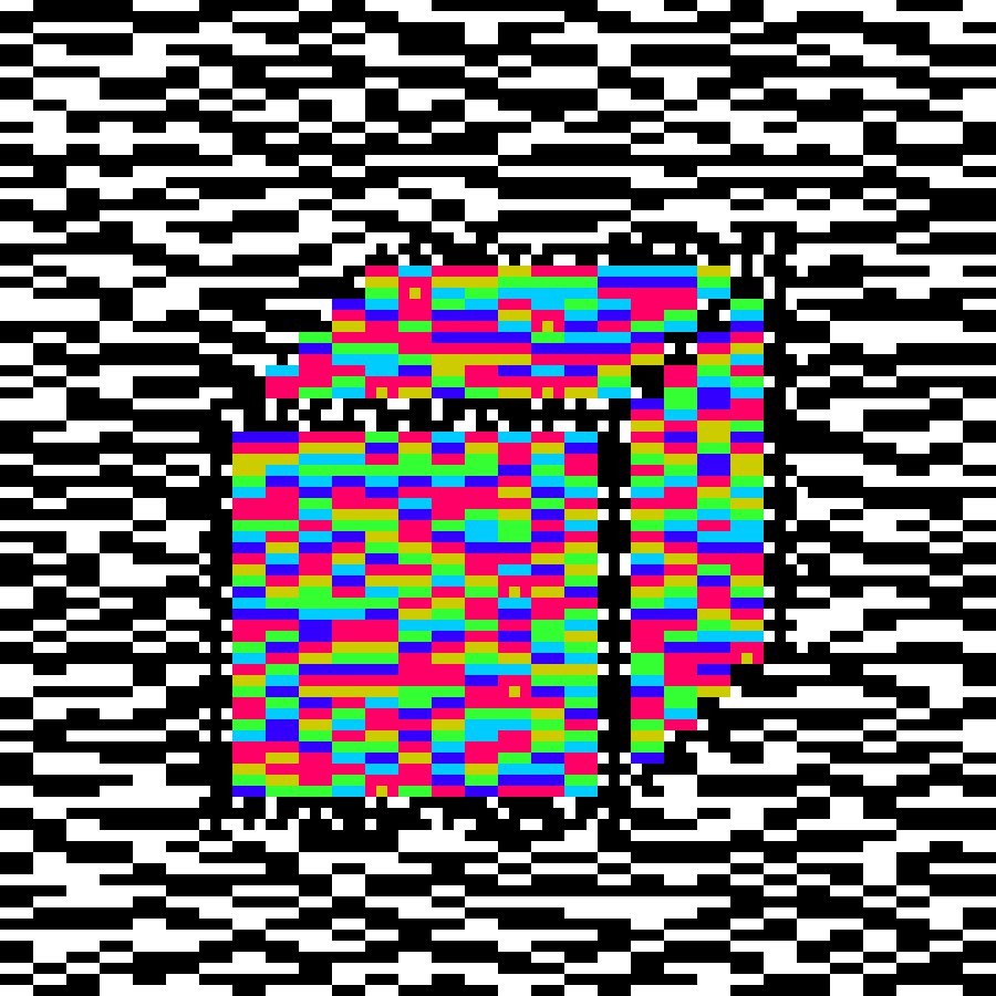 The image features a black and white pattern with small squares of different colors, including red, green, blue, yellow, and orange. The squares are arranged in a way that creates an abstract design resembling a block or a puzzle piece. The image is accompanied by a caption that reads "Glitch Block #1 listed on @ZeroUnboundArt & @objktcom 5eds ~~5tez zerounbound.art/tokens/KT1EXsH". This suggests that the image might be related to an art project or a creative piece, possibly by @ZeroUnboundArt and @objktcom.
