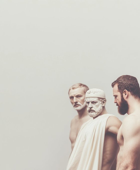 An artistic photograph showing a bearded man standing next to a classical white statue and another man, all positioned against a plain light background.