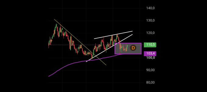 A financial candlestick chart displays price movements with technical analysis lines and a shaded area labeled 'D', highlighting key support and resistance levels at 110.5 and 103.4 on the right axis.