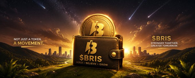 The image features a large gold coin with the word "BRIS" written on it, sitting inside an open wallet that has a city skyline behind it. The background of the image shows a sunset over a cityscape, creating a serene atmosphere. The text in the image reads, "not just a token a movement. We've been focused on building the right foundation and maintaining healthy organic growth. To every holder and supporter, keep believing." This message is related to the post about Bitcoin, as it emphasizes the importance of patience and perseverance when investing in digital currency.