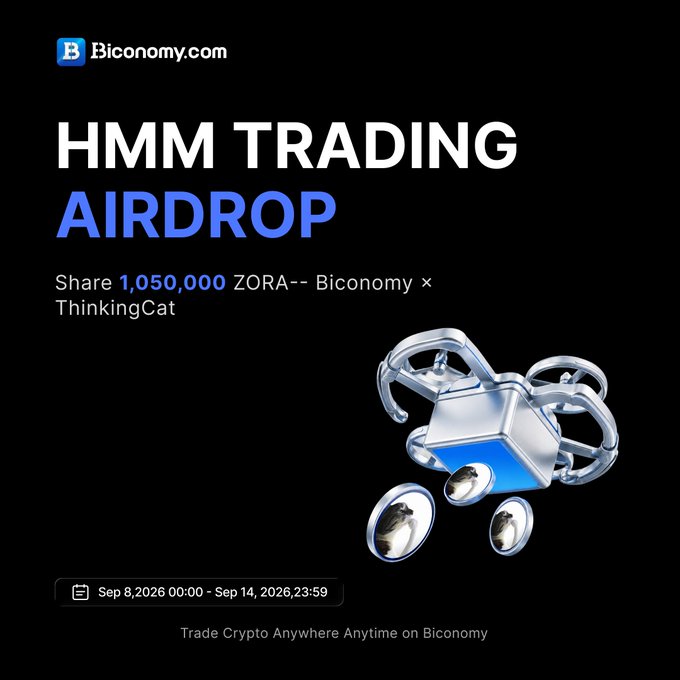 A promotional advertisement for Biconomy.com announcing an HMM Trading Airdrop of 1,050,000 ZORA tokens, running from Sep 8, 2026 to Sep 14, 2026.