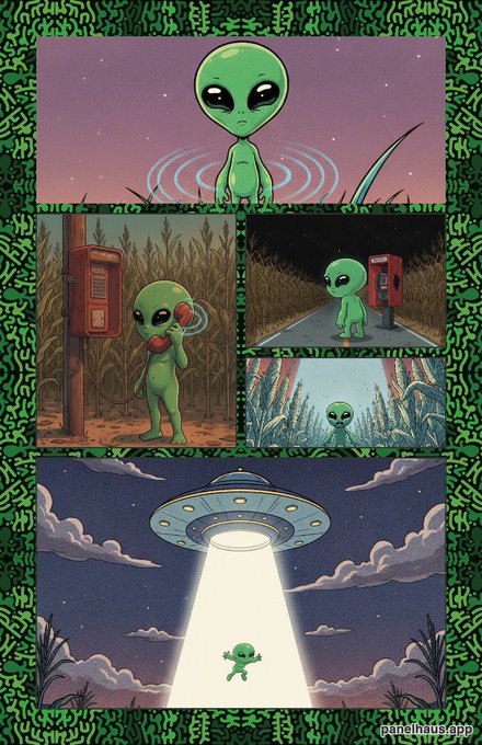 A comic strip by pixelhausapp depicts a green alien receiving a phone call at a rural phone booth, surrounded by cornfields, before being beamed up by a UFO.