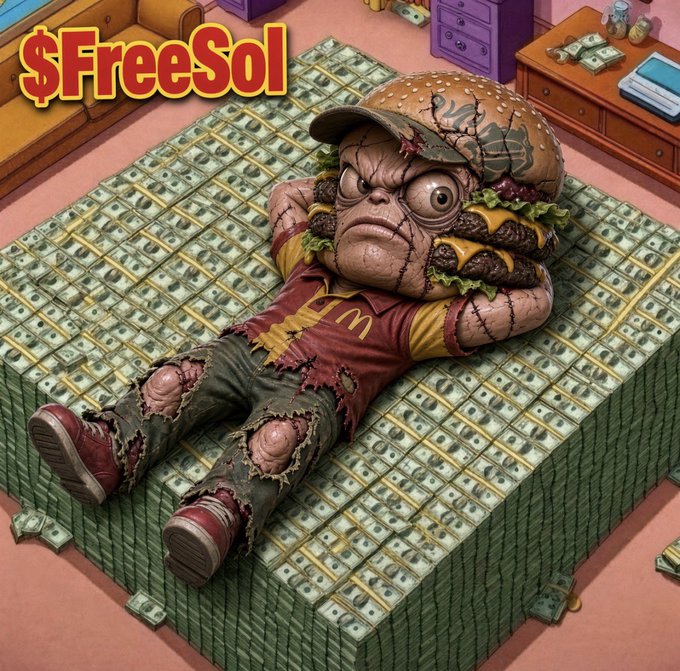 A grotesque, stitched-together creature wearing a McDonald's uniform and holding a burger lies atop a massive cube made of stacked bundles of cash, with the text "$FreeSol" displayed in the top left corner.