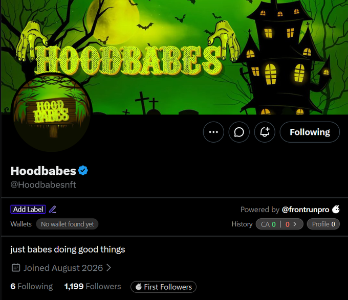 A Twitter/X profile page for 'Hoodbabes' (@Hoodbabesnft), verified with a Halloween-themed banner showing zombies, bats, and a haunted house, with the bio 'just babes doing good things' and 1,199 followers.