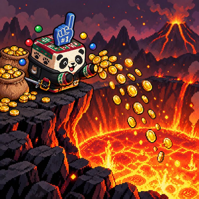 A pixel art illustration featuring a panda-themed character with a foam finger labeled '#1' standing on a rocky ledge near bags of gold coins, with more coins cascading into a fiery volcanic pit below.