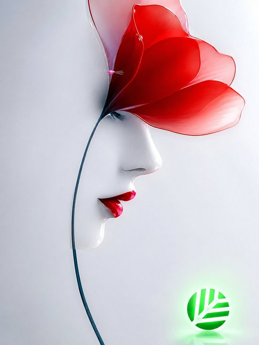 An artistic 3D rendering showing the side profile of a woman's face with red lips, where her hair transitions into a flowing, translucent red floral or fabric-like form, with a green leaf logo in the corner.
