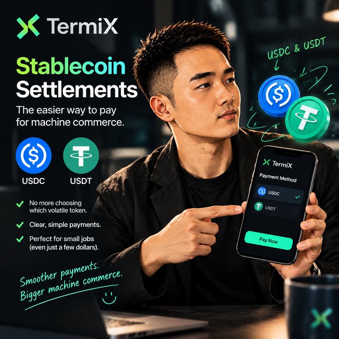 An advertisement for TermiX 'Stablecoin Settlements' featuring a man pointing at a phone screen showing USDC and USDT payment options, with the tagline 'Smoother payments. Bigger machine commerce.'