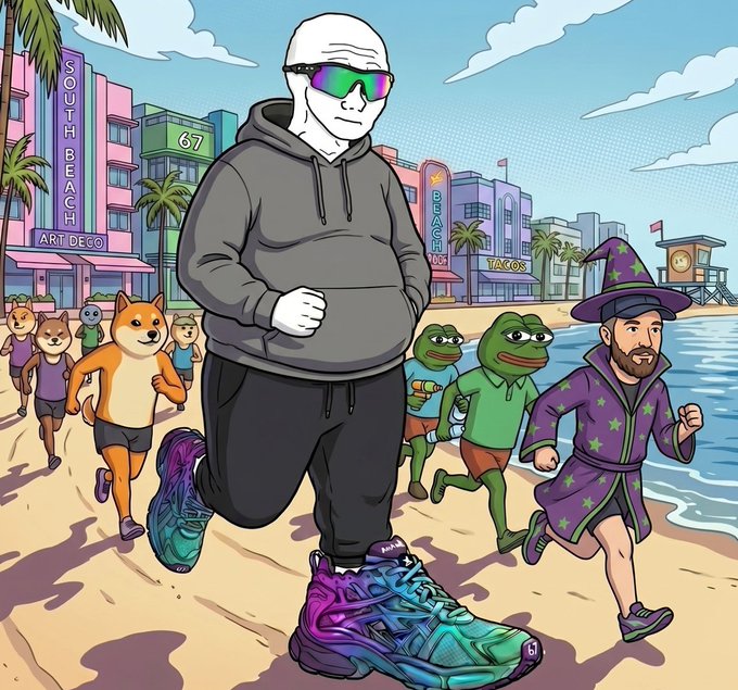 The image features a cartoon man wearing sunglasses, running down a beach with other cartoon characters such as a dog and a frog. There are also some people present in the scene. The caption "DEX PAID $RUNNER" suggests that this is an advertisement for a product or service related to running shoes.