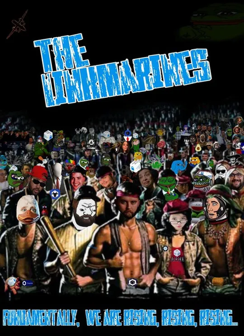 A graphic titled 'THE UHHHMWARRIWE$' featuring a large collage of internet meme characters and figures, including Kermit the Frog, Pepe the Frog, and the Chad wojak, set against a stadium crowd background. The bottom text reads: 'FUNDAMENTALLY, WE ARE RISING, RISING, RISING....'