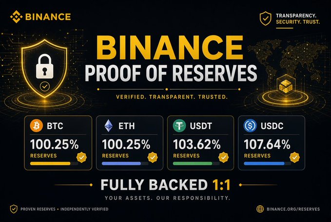 A Binance 'Proof of Reserves' promotional graphic showing crypto reserves backed over 100% for BTC (100.25%), ETH (100.25%), USDT (103.62%), and USDC (107.64%), with the tagline 'FULLY BACKED 1:1' and 'Your Assets. Our Responsibility.'