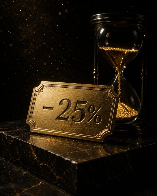 A stylized 3D render featuring an elegant golden plaque displaying '-25%' next to a glass hourglass with golden sand flowing through it, set on a dark marble surface against a starry black background.