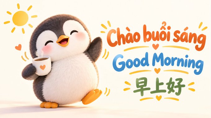 A cute cartoon penguin holding a coffee cup next to a sun, with multilingual 'Good Morning' greetings in Vietnamese ('Chào buổi sáng') and Chinese ('早上好').