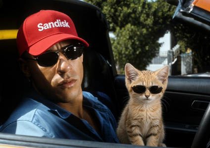 A humorous photo-style image of a man wearing sunglasses and a red Sandisk cap sitting in a car next to an orange tabby kitten also wearing sunglasses in the passenger seat.