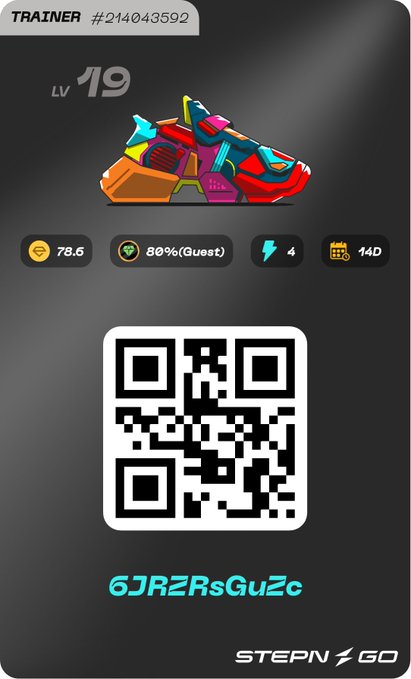 STEPN GO app screenshot showing a colorful sneaker trainer at Level 19 with stats (78.6 coins, 80% guest energy, 4 gems, 14D), a QR code, and trainer ID #214043592.