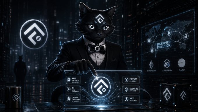 The image features a black cat sitting at a desk with a computer screen displaying a logo that says "FEC". The cat appears to be wearing a suit, which adds an element of mystery to its appearance. In front of the cat's head is a mouse icon, and there are two other icons in the background: one representing a person and another symbolizing a building. The image also includes text that reads "Crypto spent a decade playing peekaboo with privacy, shipping mixers, silo networks, and prayers to keep bots at bay. The bots won't be able to steal your data. FHE plus ZK".