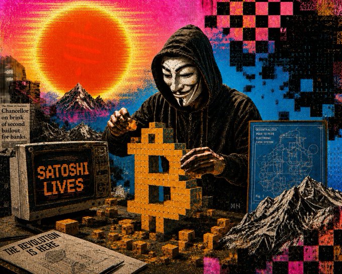A stylized collage artwork featuring a Guy Fawkes mask figure building a golden Bitcoin symbol, accompanied by text 'SATOSHI LIVES', 'Chancellor on brink of second bailout for banks', 'THE REVOLUTION IS HERE', and 'DECENTRALIZED PEER TO PEER ELECTRONIC CASH SYSTEM'.