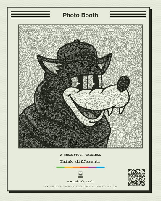 A black-and-white photo booth style image of a cartoon wolf character wearing a cap and hoodie, with text reading "Photo Booth," "A SMACINTO$H ORIGINAL," "Think different.," "macintosh.cash," and a wallet address "CA: 0x6D11782eF6C8e773Da2DeFEf612F9A57c54012bF" alongside a QR code.