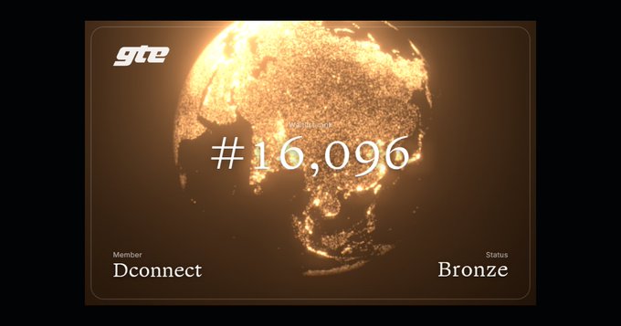A digital member card displaying member name 'Dconnect' with status 'Bronze' and number #16,096, set against a glowing golden globe background with a 'gta' logo.