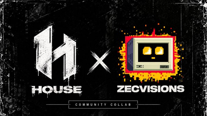 A promotional graphic for a 'COMMUNITY COLLAB' between 'H HOUSE' and 'ZECVISIONS', featuring a stylized 'H' logo next to a pixel-art computer character with yellow eyes.