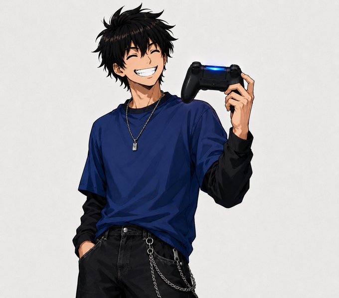 An anime-style illustration of a smiling young man with messy black hair, wearing a blue t-shirt over a black long-sleeve shirt, holding up a black PlayStation controller with a glowing blue light bar.