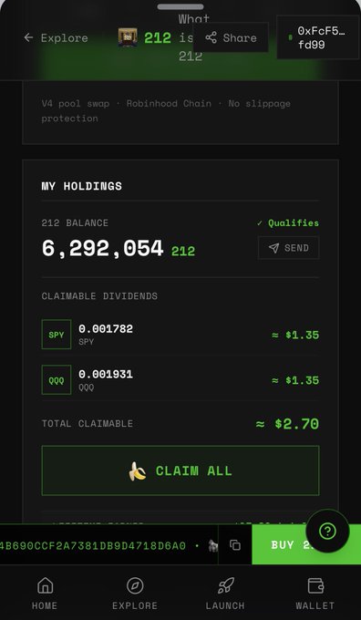 Mobile screen showing a crypto wallet interface with 'What is 212' meme token, displaying 6,292,054 tokens held, claimable dividends from SPY and QQQ totaling approximately $2.70, with a green 'CLAIM ALL' button.