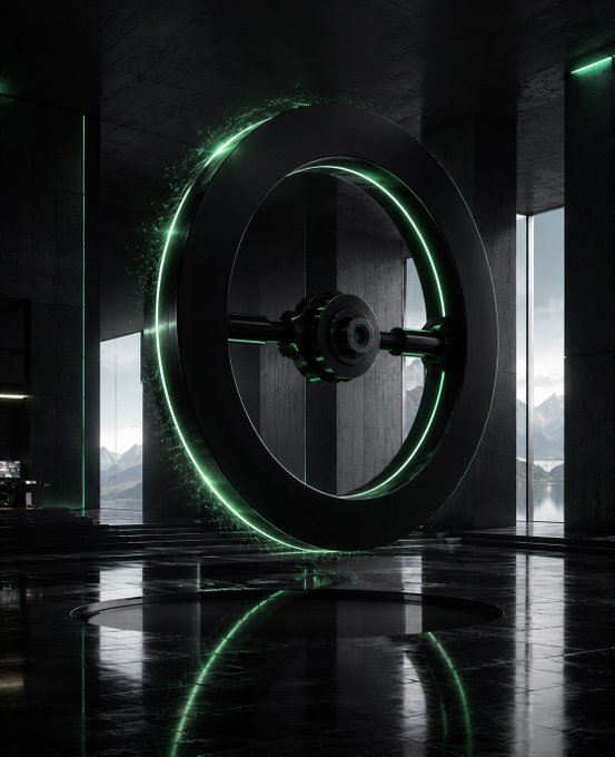 A futuristic 3D render of a glowing green ring-shaped machine or portal in a dark, minimalist concrete room with reflective black floors and windows showing a mountain view.