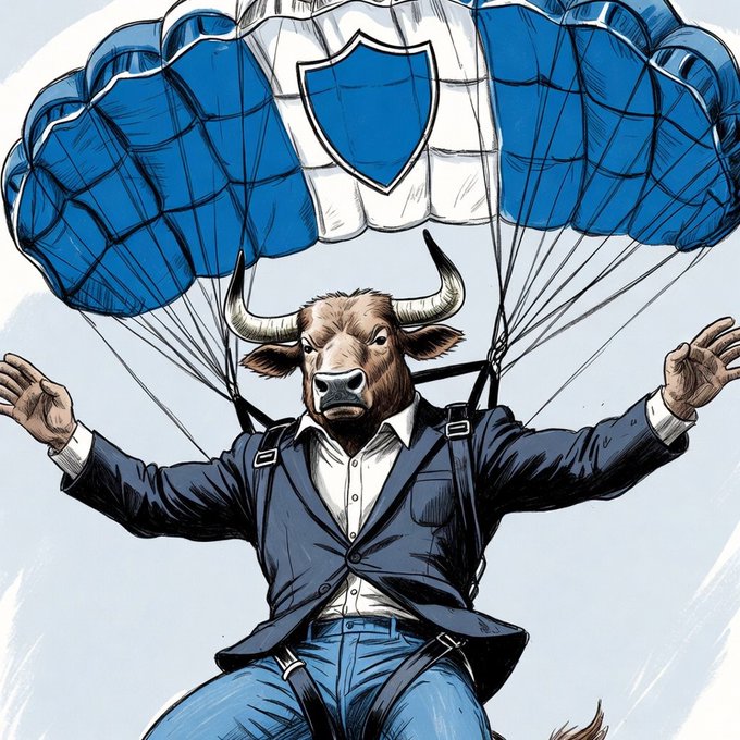 A comic-style illustration shows a bull-headed figure wearing a business suit and jeans, descending with a blue and white parachute emblazoned with a shield emblem.