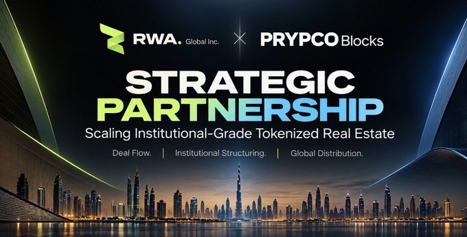 A promotional graphic announces a 'STRATEGIC PARTNERSHIP' between 'RWA Global Inc.' and 'PRYPCO Blocks' with the tagline 'Scaling Institutional-Grade Tokenized Real Estate' against a stylized city skyline.