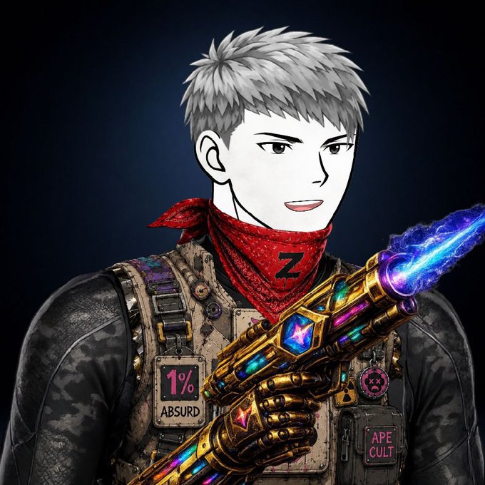 An anime-style character with spiky grey hair, a red 'Z' bandana, and tactical gear featuring patches like '1% ABSURD' and 'APE CULT' holds a futuristic glowing blue and gold rifle.