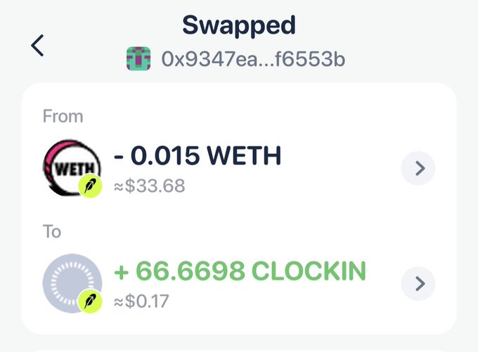 A screenshot of a Uniswap-style "Swapped" transaction confirmation showing the conversion of 0.015 WETH (~$33.68) into 66.6698 CLOCKIN tokens (~$0.17), with the truncated wallet address 0x9347ea...f6553b displayed at the top.