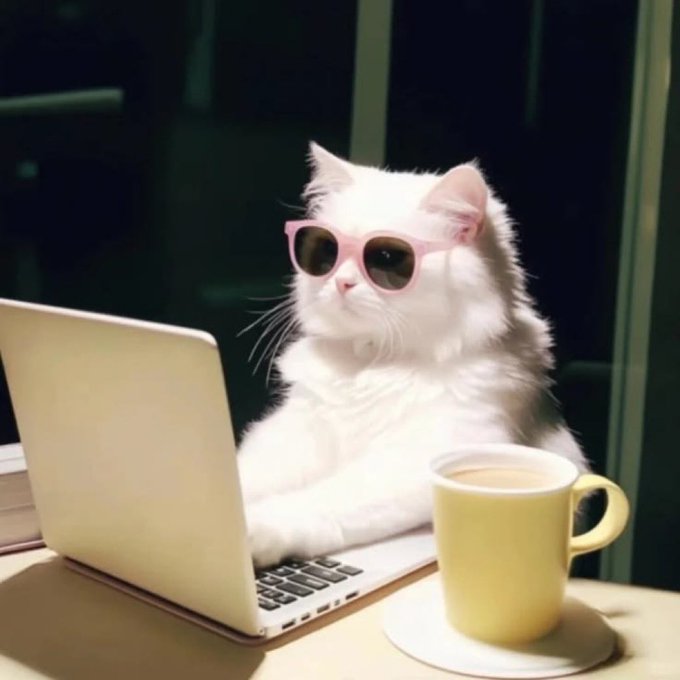 A fluffy white cat wearing pink sunglasses sits at a table, appearing to use a laptop with a yellow mug of coffee beside it.