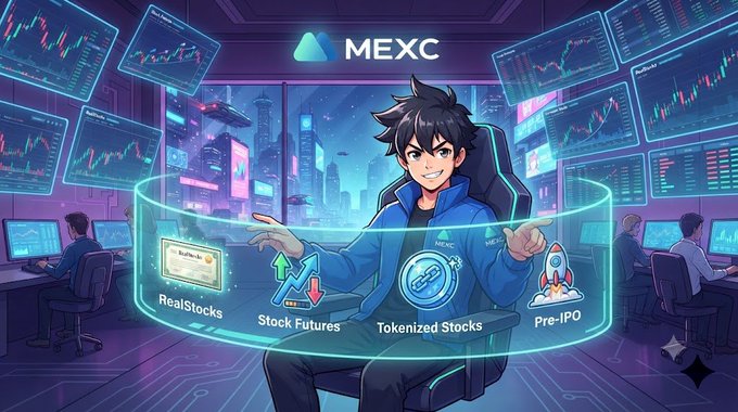 An anime-style promotional illustration for "MEXC" featuring a male character surrounded by trading interfaces, highlighting features like "RealStocks," "Stock Futures," "Tokenized Stocks," and "Pre-IPO."