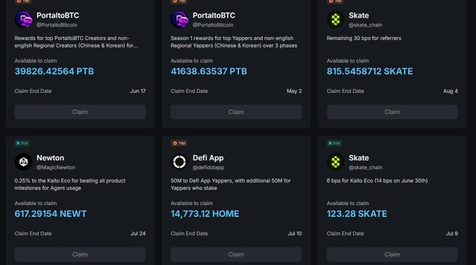 Airdrop claims dashboard showing six available claims: PortaltoBTC PTB (39826.42564 and 41638.63537), Skate (815.5458712 and 123.28), Newton NEWT (617.29154), and Defi App HOME (14,773.12), each with claim end dates and Claim buttons.
