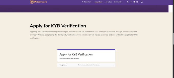 The image displays the Pi Network "Apply for KYB Verification" page, showing that OpenPay's response has been recorded via the GoogleForms submission, confirming their completion of the third-party KYB verification form. This visual evidence supports the post's announcement that OpenPay has officially submitted both their KYB Verification and Pi Network Ventures applications as part of their ongoing milestones.