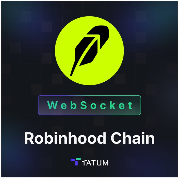 A digital graphic with a green circular logo containing a black feather, accompanied by the text 'WebSocket', 'Robinhood Chain', and the Tatum logo.