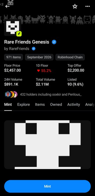 A screenshot of an NFT marketplace page for 'Rare Friends Genesis' by RareFriends, showing a floor price of $2,457.00 and a 24H Volume of $891.1K on Robinhood Chain.