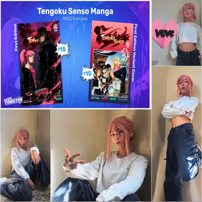 A promotional collage for the "Tengoku Senso Manga" NYCC Exclusive at New York Comic Con, advertising First Edition and First Edition Variant Cover versions for $15 each, alongside several photos of a person with pink hair wearing a white cropped long-sleeve shirt and jeans.