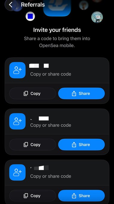 An OpenSea mobile referrals page titled 'Invite your friends,' listing three referral codes with 'Copy' and 'Share' buttons to bring others into the platform.
