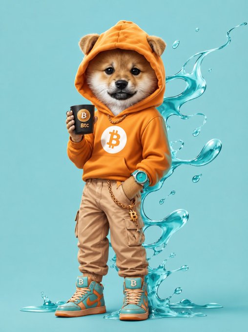 A digital illustration of a Shiba Inu dog wearing an orange Bitcoin-themed hoodie and beige cargo pants, holding a BTC coffee mug, with blue water splashes behind it against a teal background.
