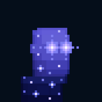 Pixel art of a purple astronaut or alien character with glowing eyes and spots against a black background.