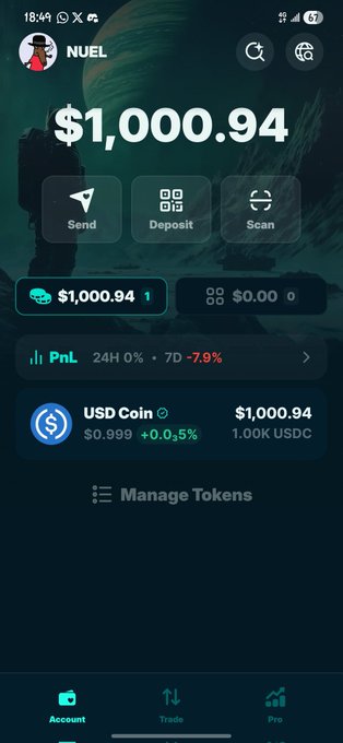 A crypto wallet screenshot displays a balance of $1,000.94, with Send, Deposit, and Scan buttons visible. The image appears to support the giveaway announcement by showing the sender's available funds to fulfill the $20 sends to 10 followers.