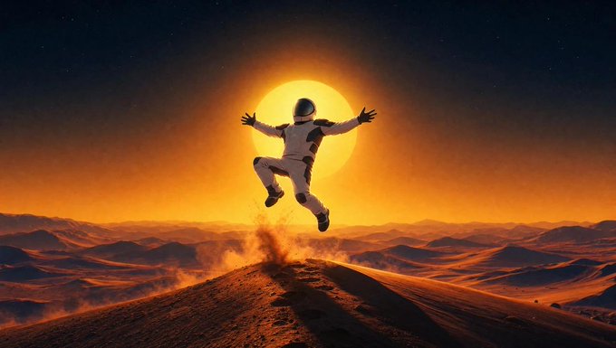 The image shows an astronaut leaping joyfully above a dusty red planet with a massive sun in the background, fitting the celebratory "GM $MarsCoin" post. The visual captures the spirit of optimism and exploration that the MarsCoin community likely associates with their Martian-themed cryptocurrency.