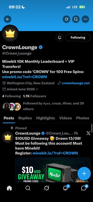 A Twitter/X profile page for CrownLounge (@CrownLounge) displaying a promotional tweet about a $10USD Giveaway, free spins with promo code 'CROWN' on minebit.io, with 1.7K followers based in Wellington City, New Zealand.